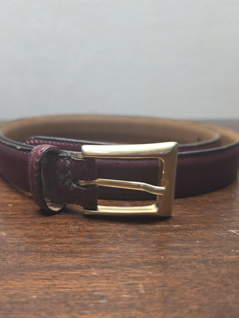 Classic Men's Leather Belt in Wine with Gold Buckle